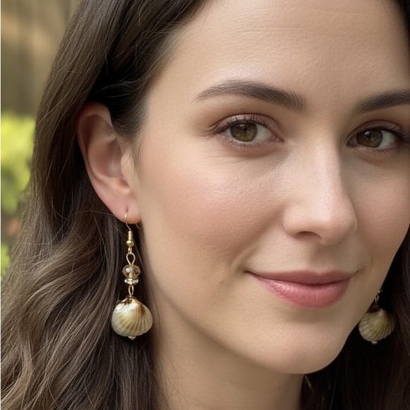 Gold Clamshell Drop Earrings w/ Smoky Crystal – Beach Boho Statement Jewelry - Picture 6 of 10